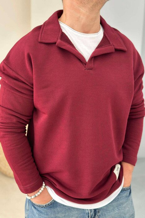 OVERSIZE POLO NECK COTTON MEN SWEATSHIRT BURGUNDY/VISHNJE - 4
