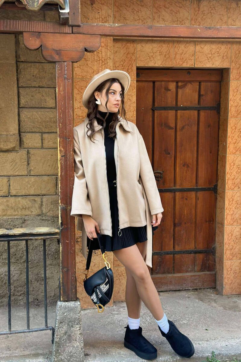 OVERSIZE ZIPPER ONE COLOR WOMEN COAT BEIGE/BEZHE - 2