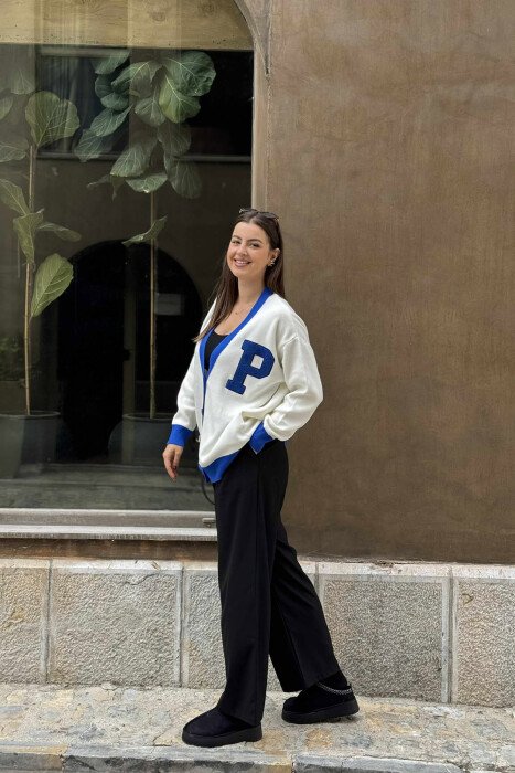 P LETTER SIMPLE WOMEN CARDIGAN WHITE-BLUE/BABL - 
