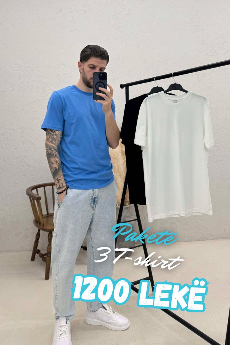 PACK OF 3 PIECES ONE COLOR SIMPLE MEN T-SHIRT WHITE+BLACK+BLUE - 1