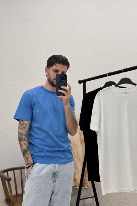 PACK OF 3 PIECES ONE COLOR SIMPLE MEN T-SHIRT WHITE+BLACK+BLUE - 2