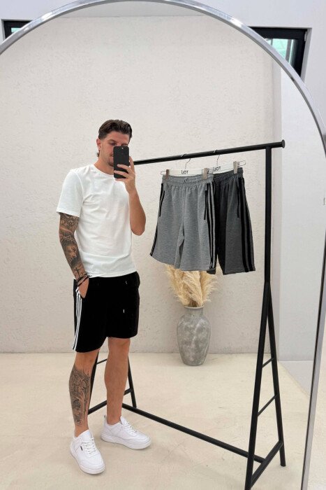 PACK OF 3 PIECES STRIPED ZIPPER POCKETS MEN SHORT SWEATPANTS BLACK+DARK GREY+LIGHT GREY/ZE+GEE+GZ - 2