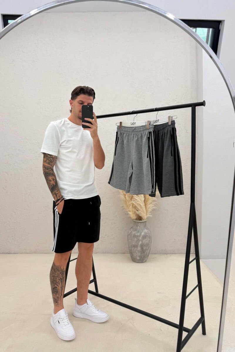 PACK OF 3 PIECES STRIPED ZIPPER POCKETS MEN SHORT SWEATPANTS BLACK+DARK GREY+LIGHT GREY/ZE+GEE+GZ - 2