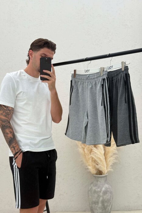 PACK OF 3 PIECES STRIPED ZIPPER POCKETS MEN SHORT SWEATPANTS BLACK+DARK GREY+LIGHT GREY/ZE+GEE+GZ - 3