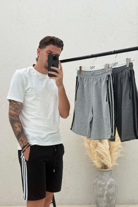 PACK OF 3 PIECES STRIPED ZIPPER POCKETS MEN SHORT SWEATPANTS BLACK+DARK GREY+LIGHT GREY/ZE+GEE+GZ - 4