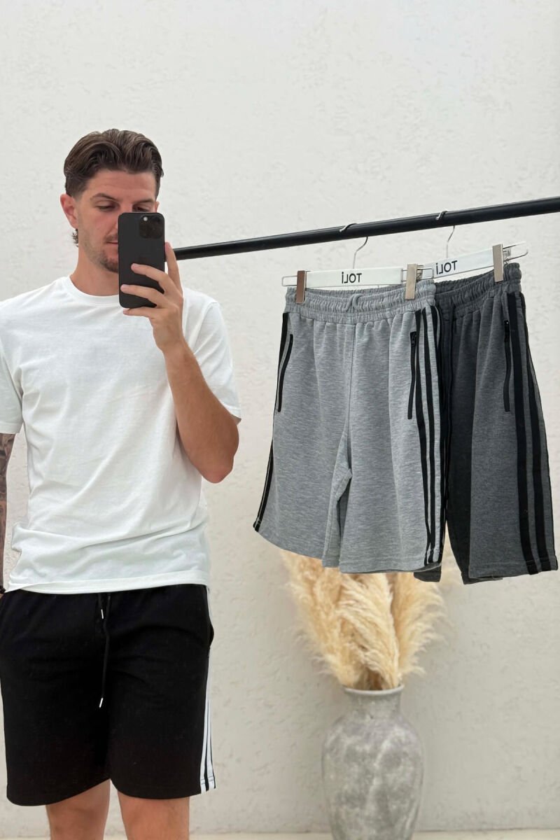 PACK OF 3 PIECES STRIPED ZIPPER POCKETS MEN SHORT SWEATPANTS BLACK+DARK GREY+LIGHT GREY/ZE+GEE+GZ - 5