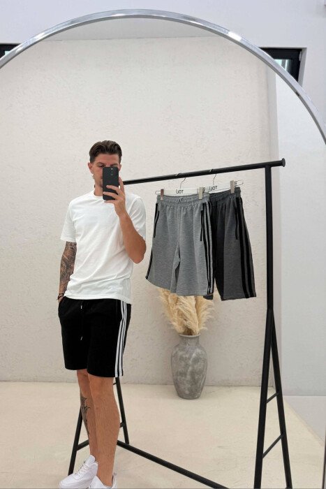 PACK OF 3 PIECES STRIPED ZIPPER POCKETS MEN SHORT SWEATPANTS BLACK+DARK GREY+LIGHT GREY/ZE+GEE+GZ - 6