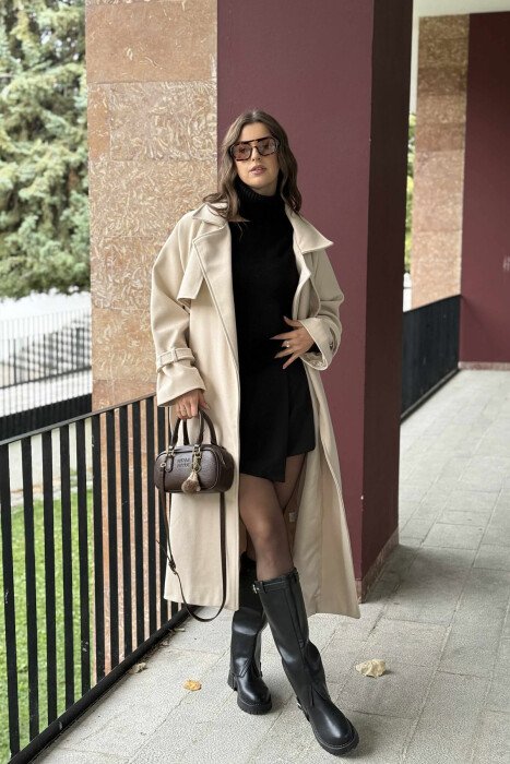 PALLTO E GJATË NJË NGJYRËSHE ME LIDHËSE PËR FEMRA NË NGJYRËN KREM - 6