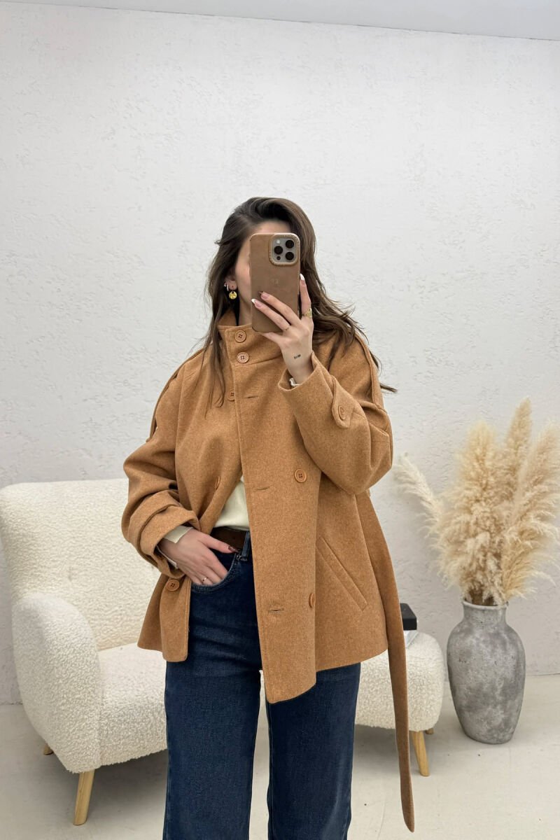 ONE COLOR BUTTONED WOMAN COAT WITH BELT LIGHT BROWN/KAZB - 4
