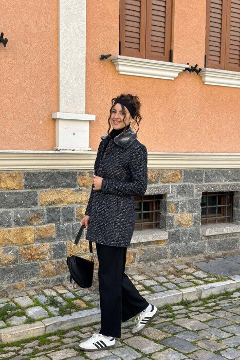 PALLTO ME TEKSTURË DHE XHEPA PËR FEMRA NË NGJYRËN BLU - 6