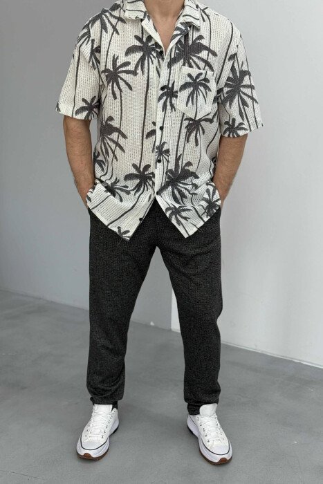 PALM TREE PRINTS SHORT SLEEVES MEN SHIRT WHITE-E BARDHE - KLAUDIO FASHION