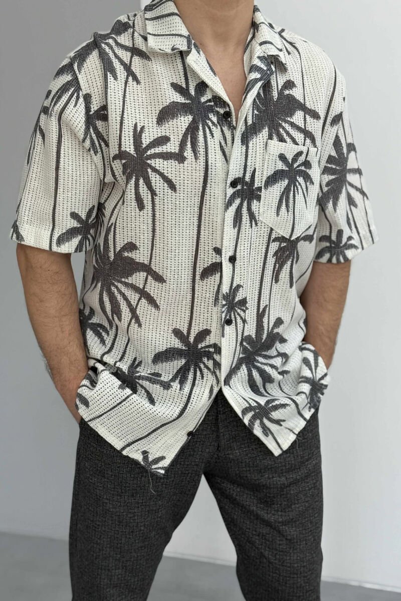 PALM TREE PRINTS SHORT SLEEVES MEN SHIRT WHITE-E BARDHE - 2