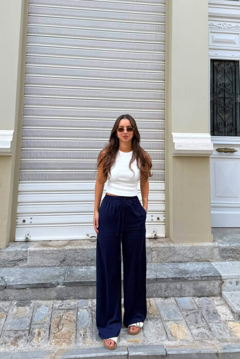 PANTALLONA NJE NGJYRESHE ME BEL ELASTIK PER FEMRA NE NGJYRE BLU - KLAUDIO FASHION