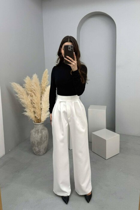 PANTALLONA TE GJERA NJE NGJYRESHE ME BEL GJYSEM ELASTIK PER FEMRA NE NGJYRE TE BARDHE - KLAUDIO FASHION