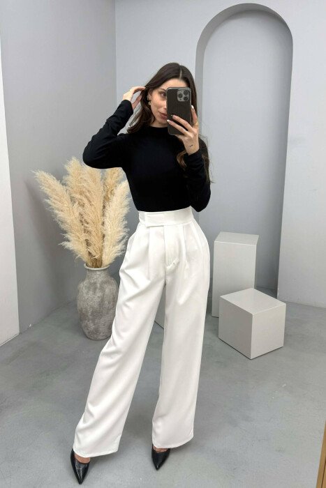 PANTALLONA TE GJERA NJE NGJYRESHE ME BEL GJYSEM ELASTIK PER FEMRA NE NGJYRE TE BARDHE - 4