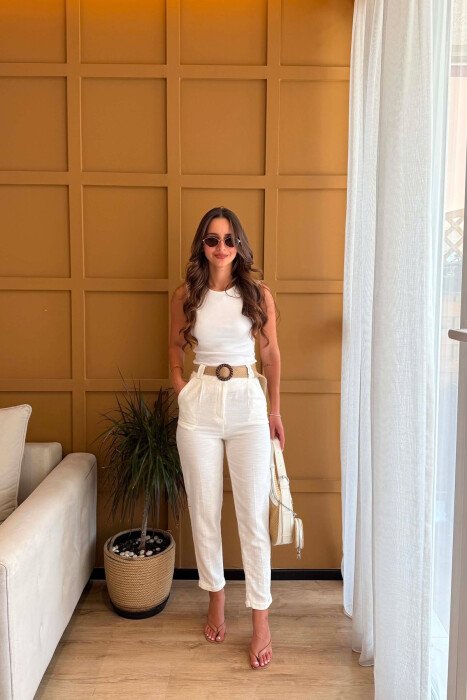 PANTALLONA LINO ME DETAJIN E RRIPIT PËR FEMRA NË NGJYRËN E BARDHË - KLAUDIO FASHION