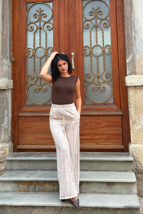 PANTALLONA ME BEL ELASTIK PER FEMRA NE NGJYRE BEZHE - KLAUDIO FASHION