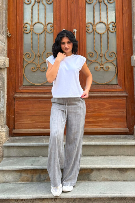 PANTALLONA ME BEL ELASTIK PER FEMRA NE NGJYRE GRI TE ZBARDHUR - KLAUDIO FASHION