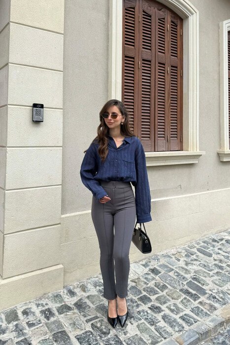 PANTALLONA ME BEL ELASTIK PËR FEMRA NË NGJYRËN GRI E ERRËT - KLAUDIO FASHION
