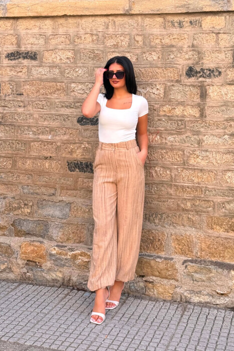 PANTALLONA ME BEL GJYSEM ELASTIK PER FEMRA NE NGJYRE KAFE TE ZBARDHUR - KLAUDIO FASHION
