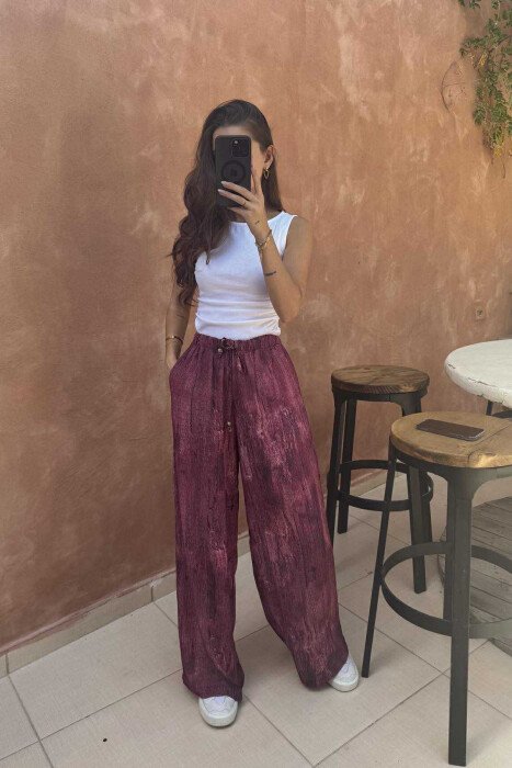PANTALLONA ME DIZANJ ELASTIKE NË BELI DHE ME LIDHËSE PËR FEMRA NË NGJYRËN VISHNJË - 2