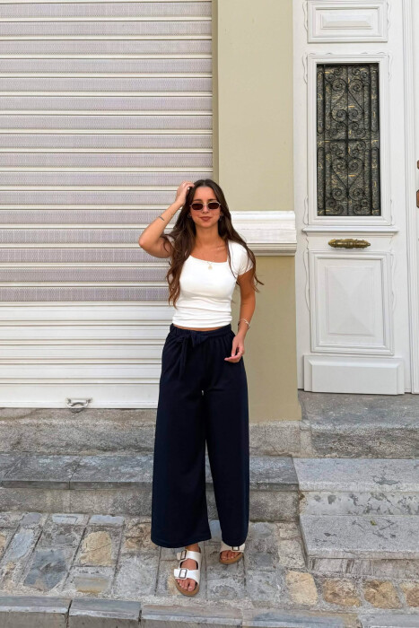 PANTALLONA NJE NGJYRESHE ME BEL ELASTIK PER FEMRA NE NGJYRE BLU - KLAUDIO FASHION