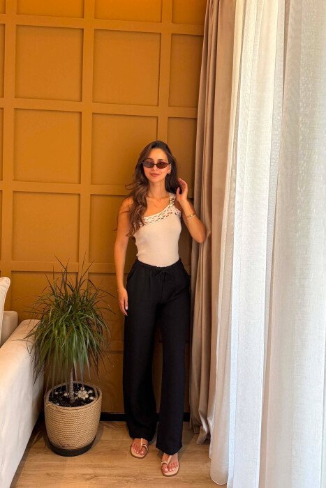 PANTALLONA NJE NGJYRESHE ME BEL ELASTIK PER FEMRA NE NGJYRE TE ZEZE - KLAUDIO FASHION