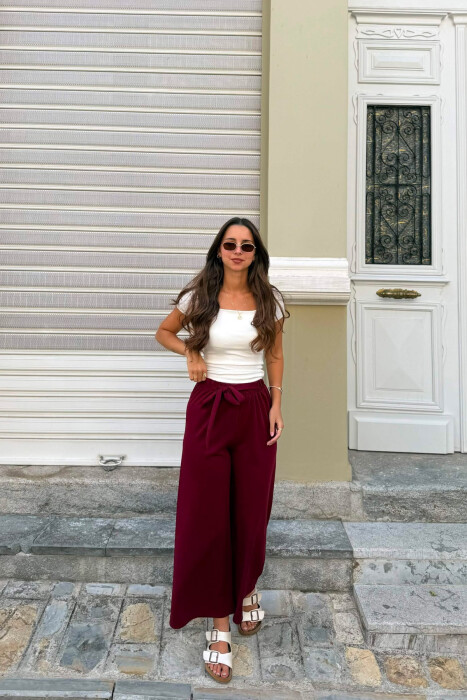 PANTALLONA NJE NGJYRESHE ME BEL ELASTIK PER FEMRA NE NGJYRE VISHNJE - KLAUDIO FASHION