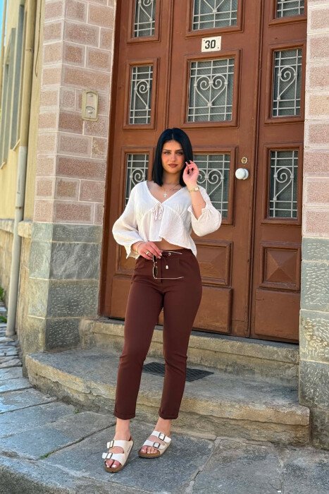 PANTALLONA NJE NGJYRESHE ME LIDHESE PER FEMRA NE NGJYRE KAFE - 1
