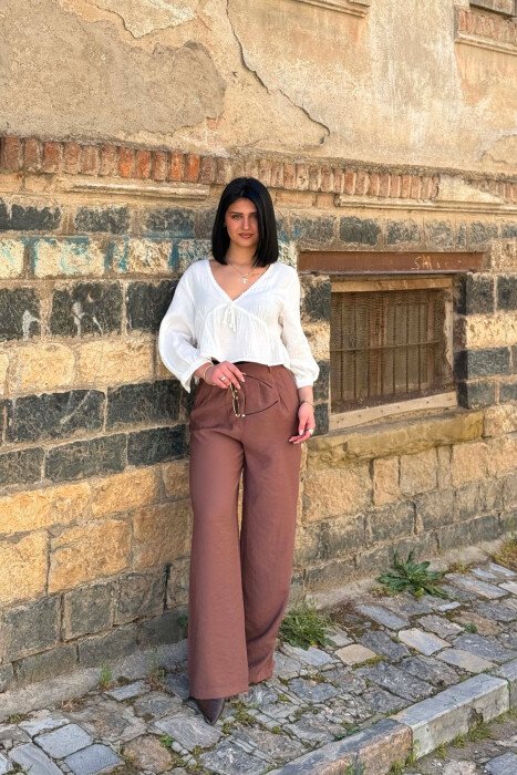 PANTALLONA NJE NGJYRESHE TE GJERA PER FEMRA NE NGJYRE KAFE - 1