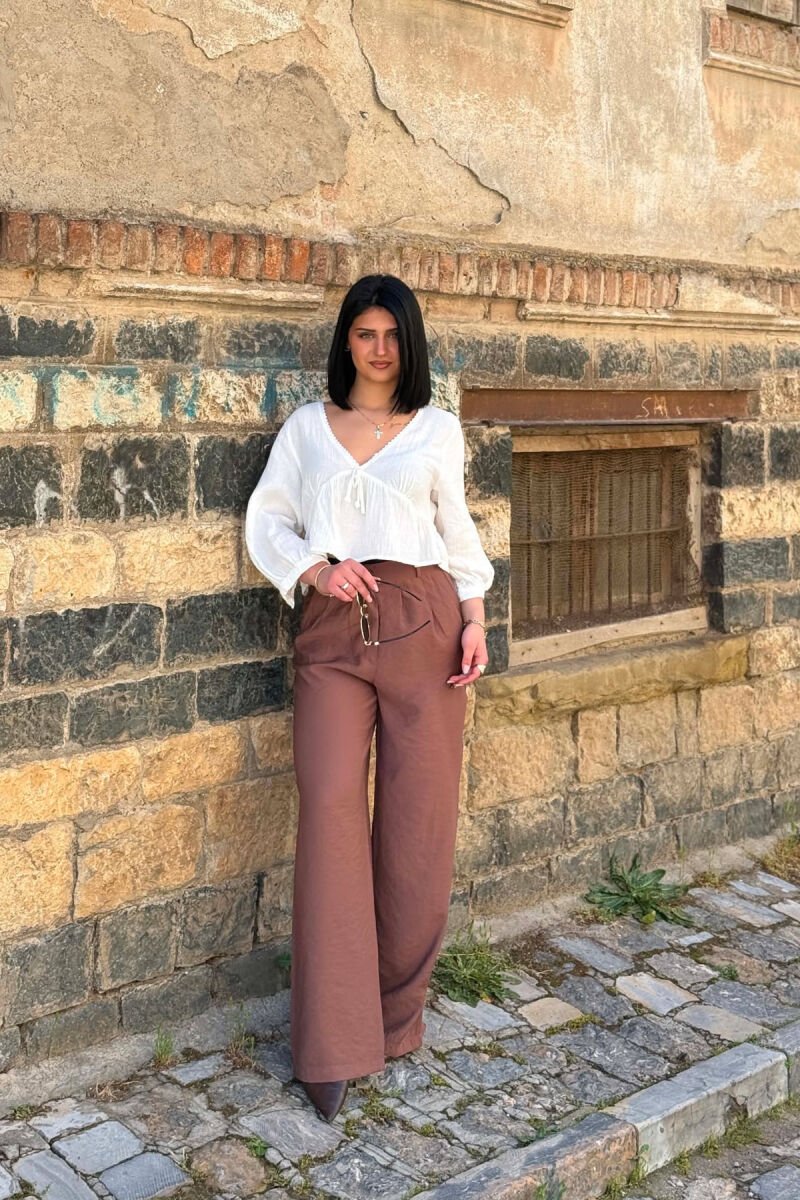 PANTALLONA NJE NGJYRESHE TE GJERA PER FEMRA NE NGJYRE KAFE - 1