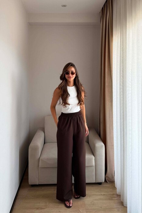 PANTALLONA NJE NGJYRESHE ME BEL ELASTIK PER FEMRA NE NGJYRE KAFE - KLAUDIO FASHION