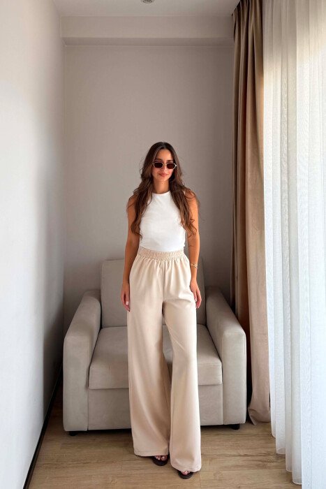 PANTALLONA NJE NGJYRESHE ME BEL ELASTIK PER FEMRA NE NGJYRE KREM - KLAUDIO FASHION
