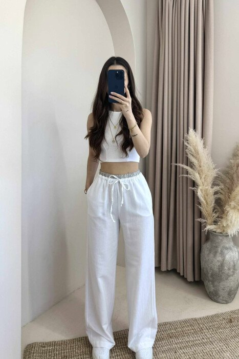 PANTALLONA TË GJERA ME BEL ELASTIK PËR FEMRA NË NGJYRËN E BARDHË - KLAUDIO FASHION