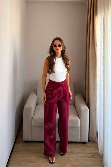 PANTALLONA TE GJERA ME DETAJIN E VIJAVE PER FEMRA NE NGJYRE VISHNJE - KLAUDIO FASHION