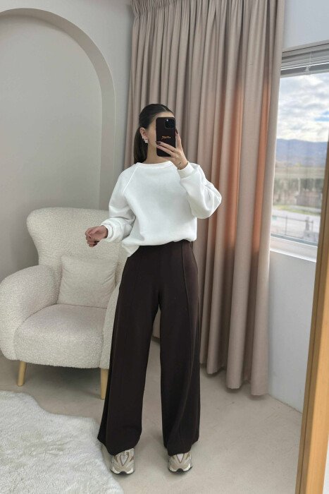 PANTALONA TE GJERA NJE NGJYRESHE ME BEL ELASTIK PER FEMRA NE NGJYRE KAFE - 2