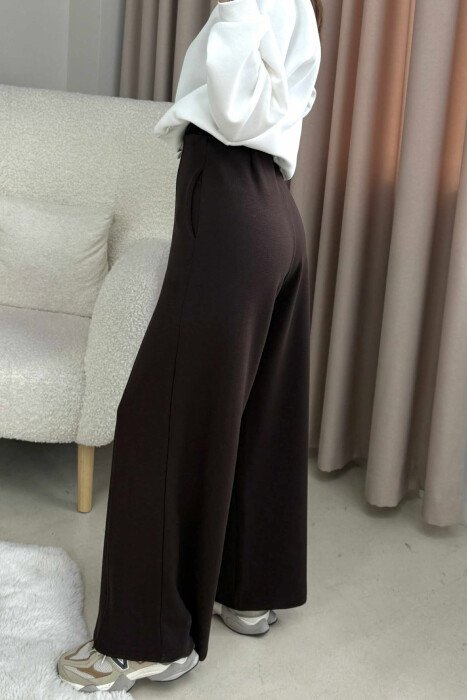 PANTALONA TE GJERA NJE NGJYRESHE ME BEL ELASTIK PER FEMRA NE NGJYRE KAFE - 4