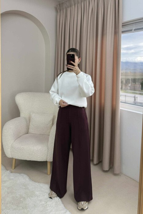 PANTALONA TE GJERA NJE NGJYRESHE ME BEL ELASTIK PER FEMRA NE NGJYRE VISHNJE TE ERRET - 3