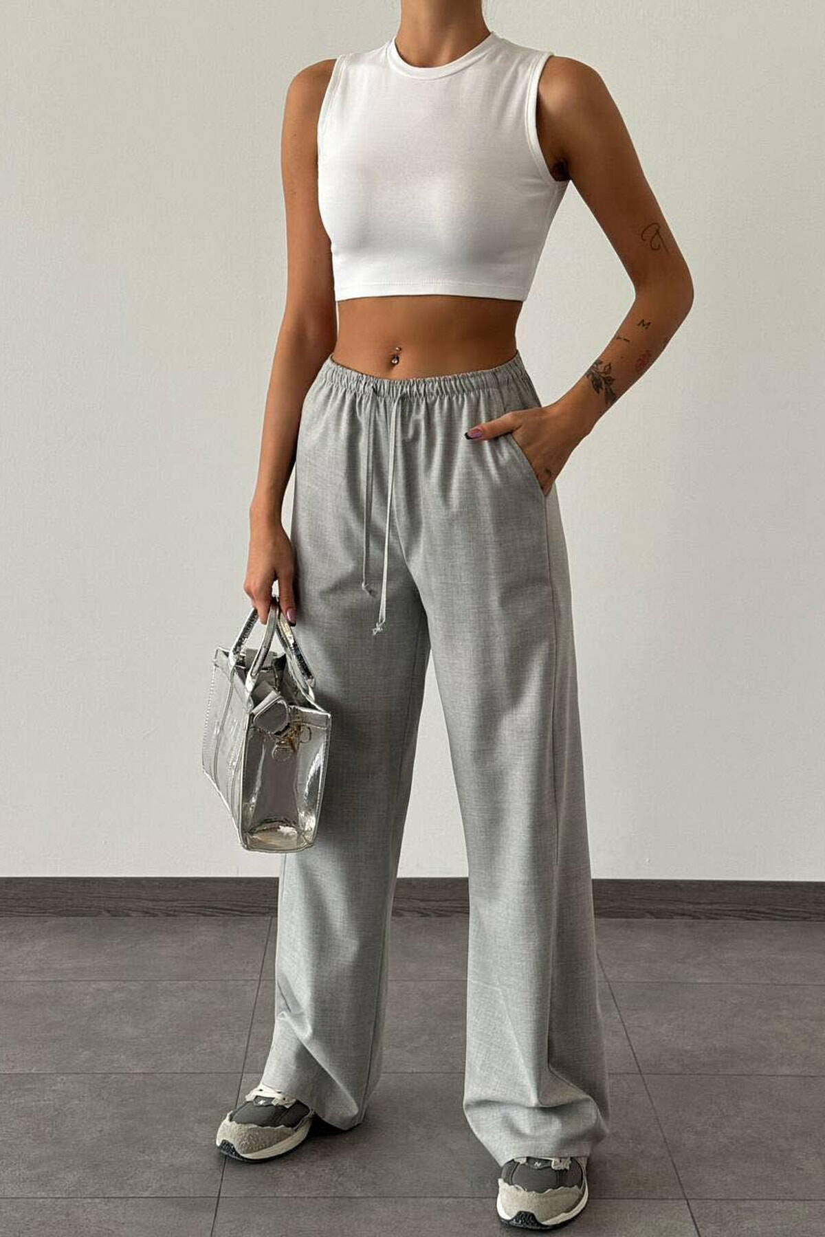WIDE LEG ONE COLOR WOMAN TROUSERS GREY/GRI TROUSERS KLAUDIO