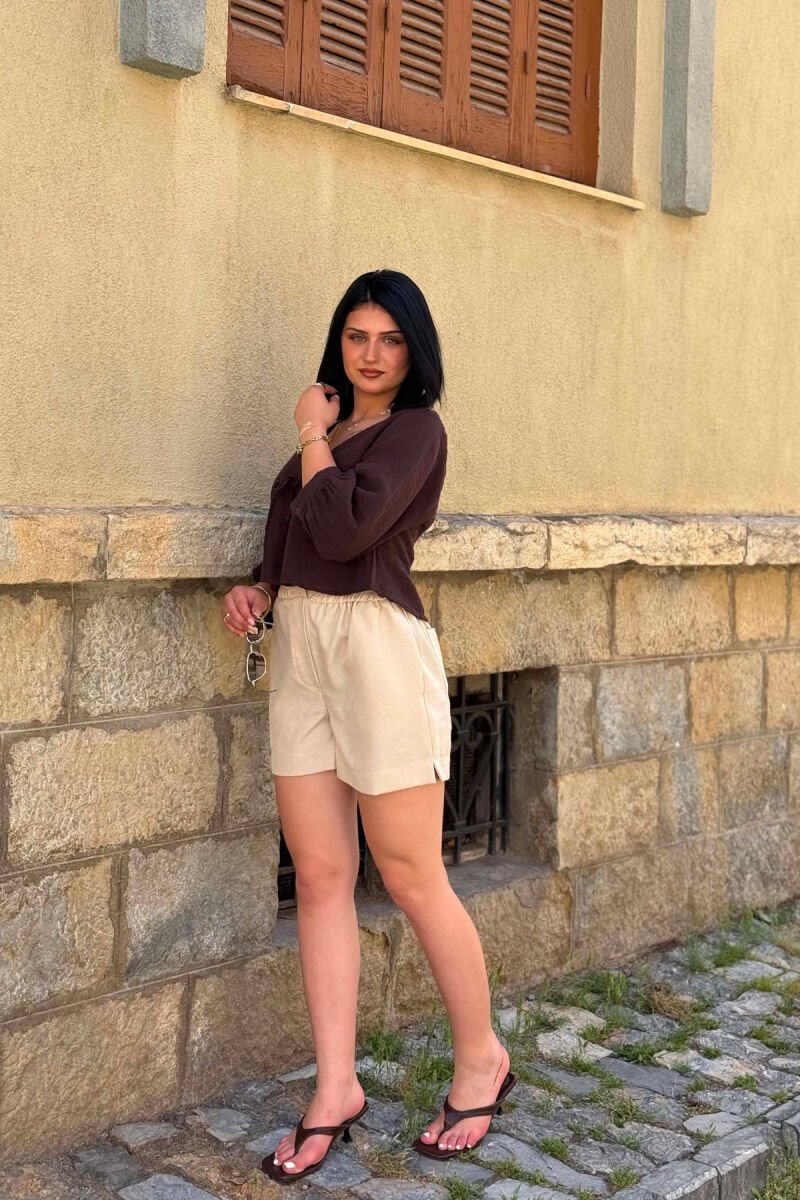 PANTALLONA TE SHKURTRA ME BEL ELASTIK PER FEMRA NE NGJYRE BEZHE - 2