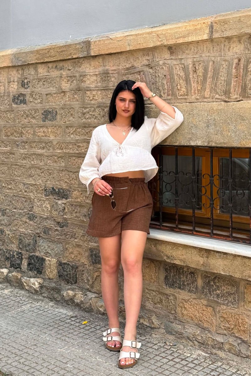 PANTALLONA TE SHKURTRA ME BEL ELASTIK PER FEMRA NE NGJYRE KAFE - 3
