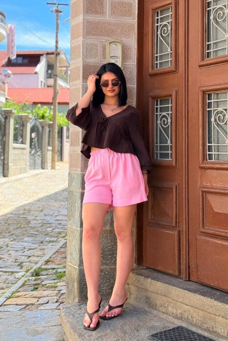 PANTALLONA TE SHKURTRA ME BEL ELASTIK PER FEMRA NE NGJYRE ROZE - 4