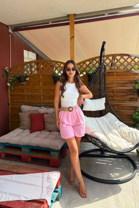 PANTALLONA TE SHKURTRA ME DETAJIN E RRIPIT PER FEMRA NE NGJYRE ROZE - 5