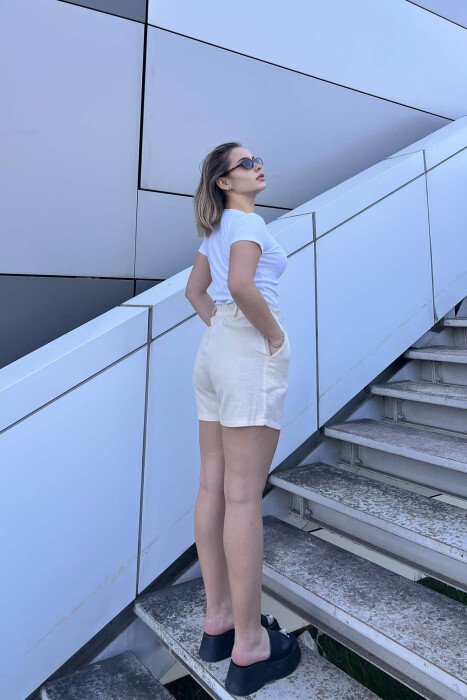 PANTALLONA TË SHKURTRA NJË NGJYRËSHE PËR FEMRA NË NGJYRË KREM - 4