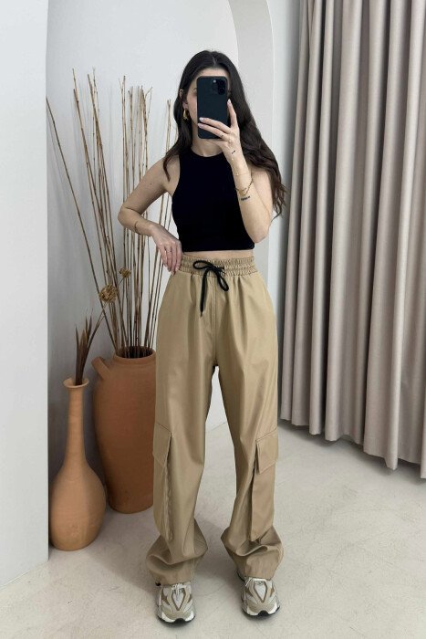 PARACHUTE SIDE POCKETS WOMEN TROUSERS BEIGE/BEZHE - KLAUDIO FASHION