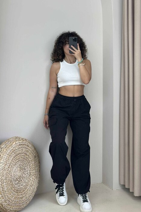 PARACHUTE SIDE POCKETS WOMEN TROUSERS BLACK/ E ZEZE - KLAUDIO FASHION