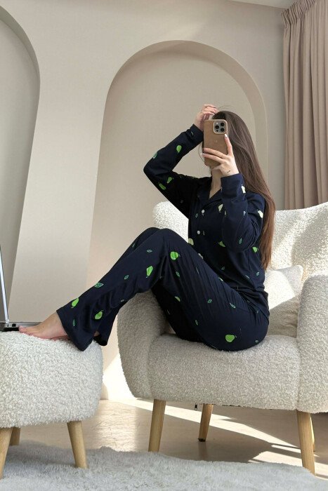 PEAR DESIGN SHIRT+TROUSERS WOMEN PYJAMAS DARK BLUE/BEE - 2