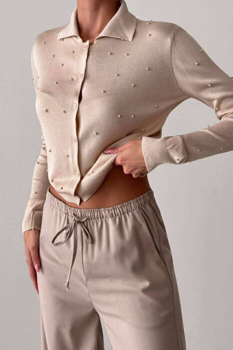 PEARL DESIGN ONE COLOR WOMEN SHIRT BEIGE/BEZHE - KLAUDIO FASHION