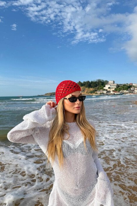 PEARL DETAILS ONE COLOR WOMAN CROCHET BANDANA RED/E KUQE - KLAUDIO FASHION