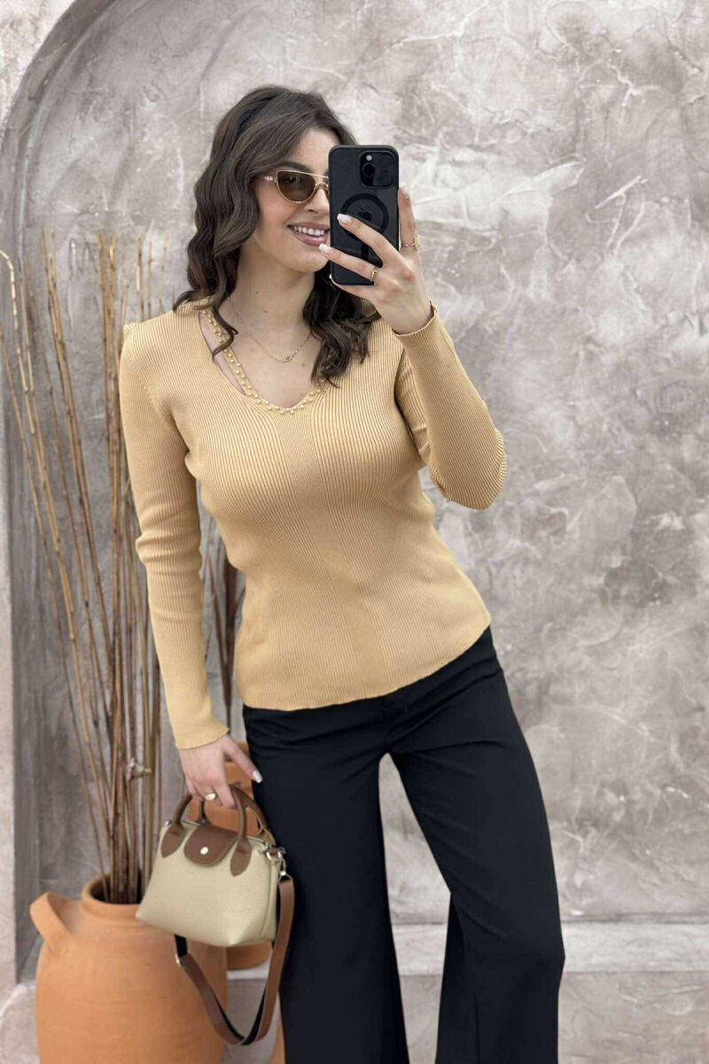 PEARL DETAILS ONE COLOR WOMEN SWEATER BEIGE/BEZHE - 4